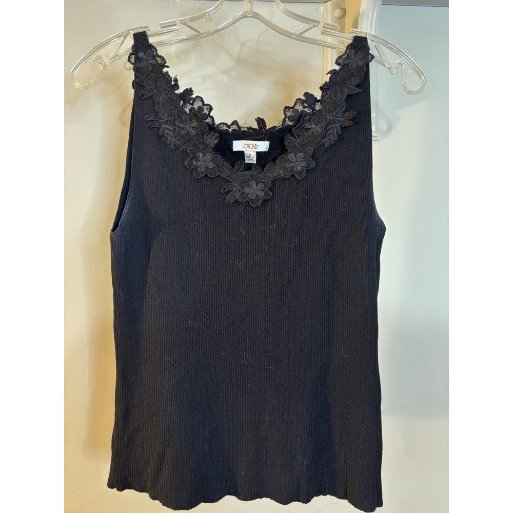 VTG‎ CACHE Black Sleeveless Sweater Floral Appliqué Trim L 90's Y2K